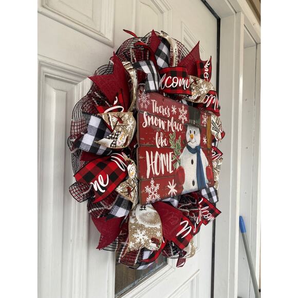 Buffalo Plaid Check Let it Snow Snowman Mesh Ribbon Christmas Wreath & Garland - Picture 10 of 10